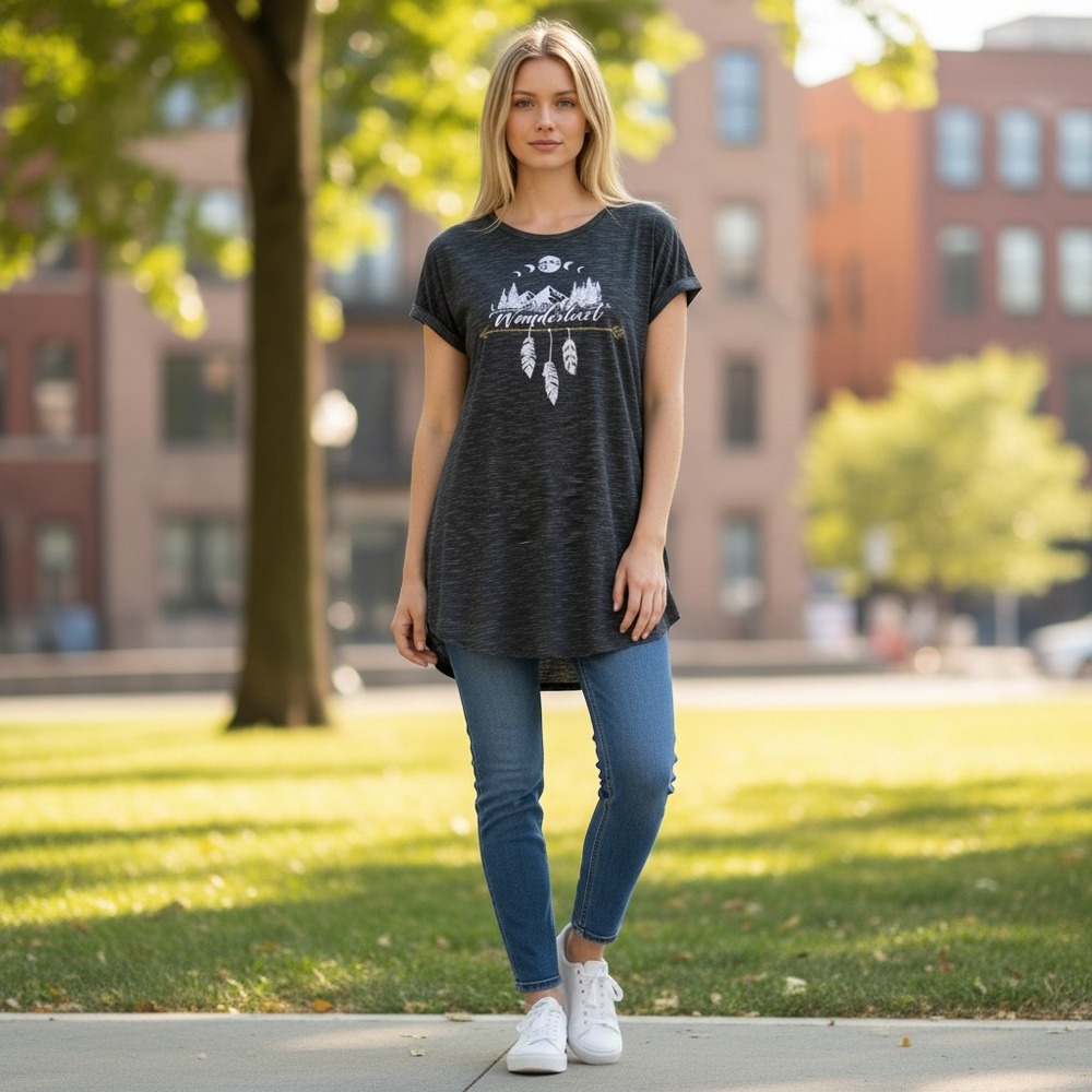 Tru Self Womens Wanderlust Graphic Tee Charcoal Gray Space Dye Boho Top Medium